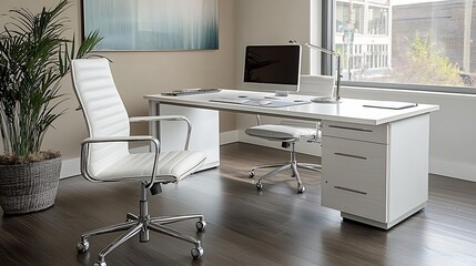 Modern executive office setup with sleek white furniture and natural light