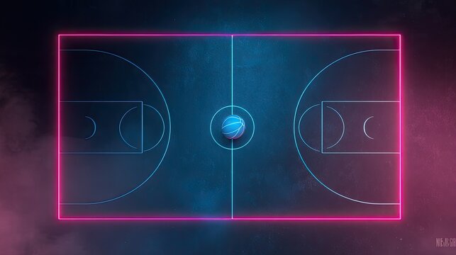 Abstract overhead view of a basketball court diagram made with neon lights floating digital basketball at center dark moody