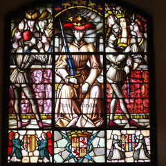Segovia, Spain - 3 March, 2025: Stained Glass Window within the Alcazar of Segovia Castle, Castile...