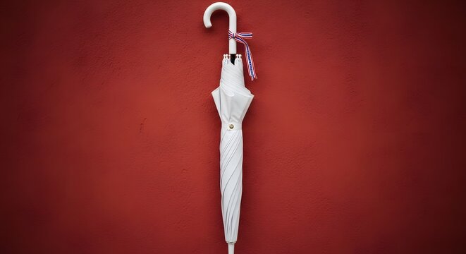 White umbrella against a textured red background with pixelated effect and a simple design displaying a balance between minimalism and visual contrast.