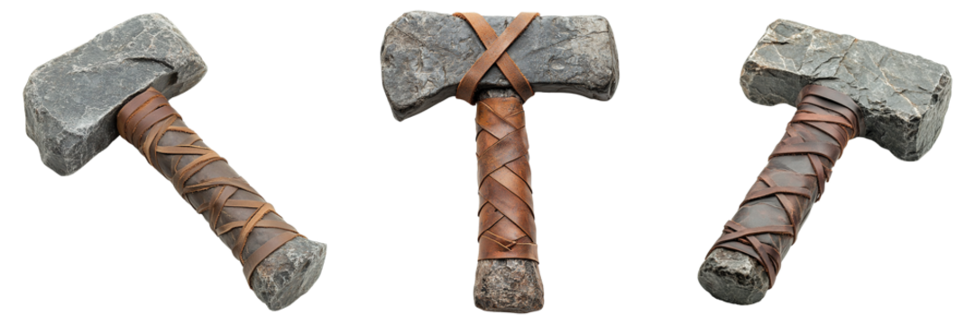 Set of Primitive Tribal Stone Hammers with Handcrafted Leather Grips Isolated on Transparent Background