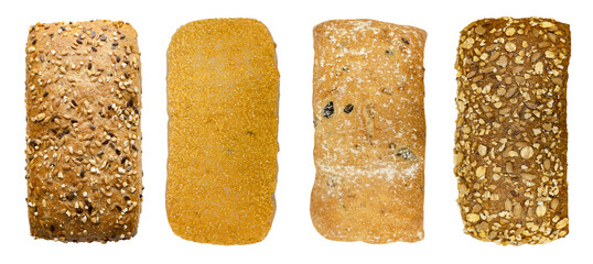 set of different kinds of non sweet fresh bake whole grain bread oat, rye, cereal,  and corn bread bread isolated on white background with clipping path.