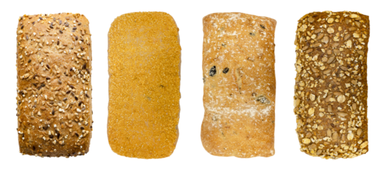 set of different kinds of non sweet fresh bake whole grain bread oat, rye, cereal,  and corn bread bread isolated on white background with clipping path.