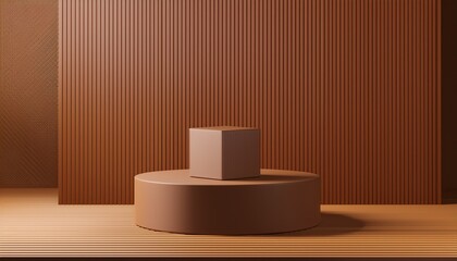 realistic brown 3d cylindrical podium background with cube box on slatted wood panel minimalist mockup pedestal or abstract product display presentation stage for showcase platforms design