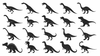 Collection of diverse dinosaur silhouettes in various poses and species on a clean white background