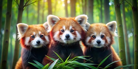 Three adorable red pandas nestled amongst vibrant green foliage, bathed in the soft glow of sunlight filtering through a bamboo forest