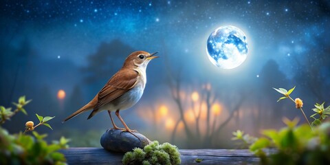 Serene Night Bird Singing Underneath a Bright Moonlit Sky, Perched on a Rock