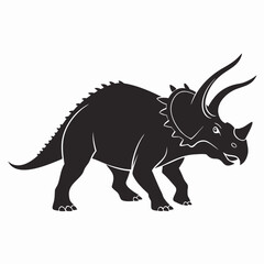 A striking black silhouette of a triceratops dinosaur with three horns and a frill stands on a white background