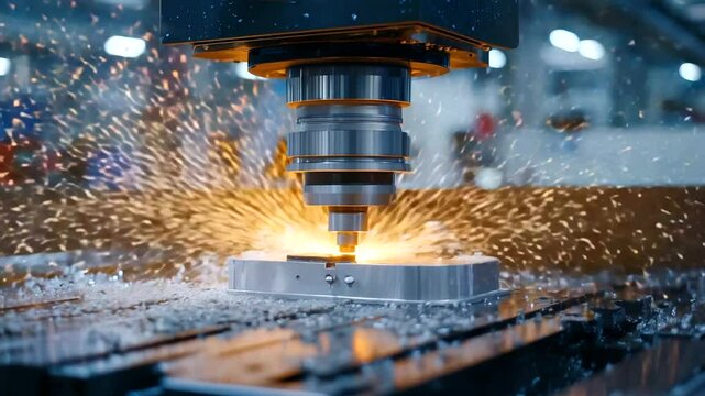 Close-up of sparks flying as titanium parts for offshore wind turbines are precision-machined