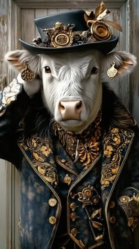 Steampunk cow in victorian outfit, cow fashion with golden gears, anthropomorphic cow in steampunk coat,   Steampunk Animal Portraits, Victorian Cattle Fashion, Fantasy Mechanical Creatures
