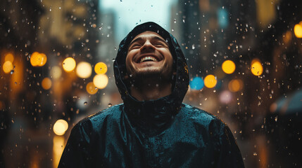 a person laughing freely under the rain