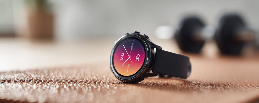 Sleek smartwatch on yoga mat. Fitness tracker monitors activity, promoting wellness. Perfect for health, tech, and lifestyle visuals. Modern, sporty style. - Powered by Adobe