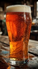 Golden amber ale served in a chilled glass on a rustic wooden table during evening relaxation