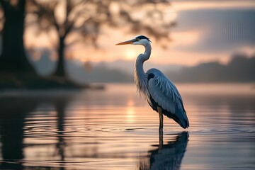Naklejka premium Serene Great Blue Heron Wading in Tranquil Lake Water at Golden Sunrise