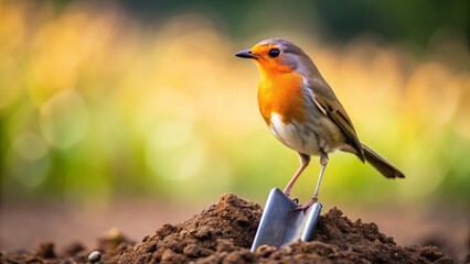 A small bird perched atop a gardening tool, amidst a softly blurred natural backdrop