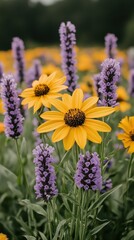 Fototapeta premium Vibrant wildflowers in full bloom at summer garden against a lush green backdrop