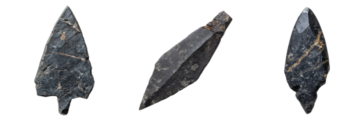 Collection of Ancient Obsidian Arrowheads Isolated on Transparent Background