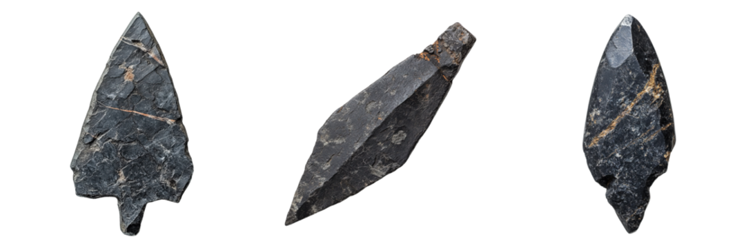Collection of Ancient Obsidian Arrowheads Isolated on Transparent Background