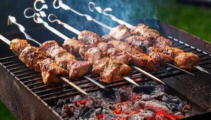 grilling shashlik on metal skewers on grill barbecue grill over charcoal