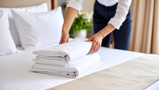 Hotel Room Maid Carefully Folding Fresh White Sheets