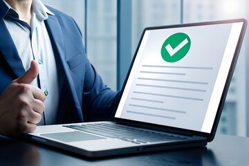 Professional Giving Thumbs-Up with Laptop Displaying Approved Document and Green Checkmark in Modern Office Environment
