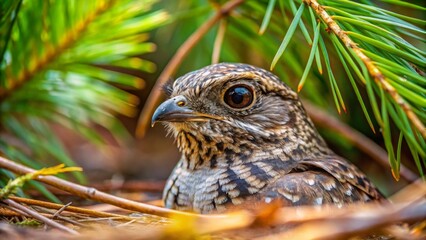 A Close-Up View of a Small Bird Nestled Amongst the Branches and Needles of a Coniferous Tree