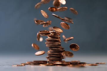 Obraz premium Falling and stacked copper coins on table