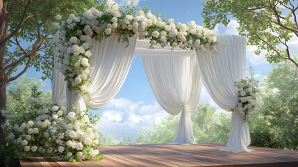Elegant Outdoor Wedding Arch with Floral Arrangements and Decorative Drapes in Scenic Nature Setting at Romantic Summer Brunch Ceremony