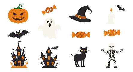 Spooky halloween symbols set featuring ghosts, pumpkins, and witches hats