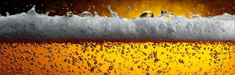 Dynamic Close-up of Beer Foam and Bubbles with Splashes, banner