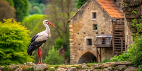 A graceful white stork stands majestically on moss-covered rocks, overlooking a quaint, aged stone structure nestled amidst lush greenery.