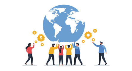 Teamwork and global connectivity concept with people supporting globe and cogs