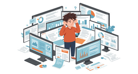 Fototapeta premium Overwhelmed person surrounded by multiple computer screens with data and charts