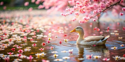 Serene waterfowl glides on tranquil waters amidst a profusion of delicate pink blossoms, creating a picturesque spring scene.