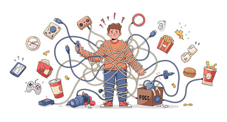 Overwhelmed by tech: tangled in cables and gadgets chaos