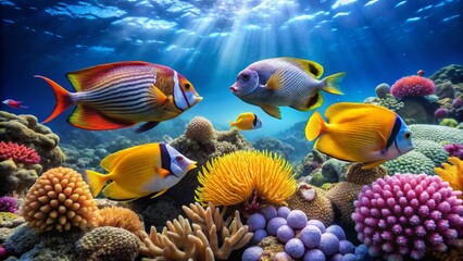 Fototapeta premium Vibrant Reef Ecosystem Showcases Colorful Fish and Coral Structures in Underwater Paradise