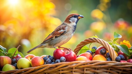 A small bird perched on a wicker basket overflowing with a colorful assortment of ripe summer fruits, bathed in warm sunlight.