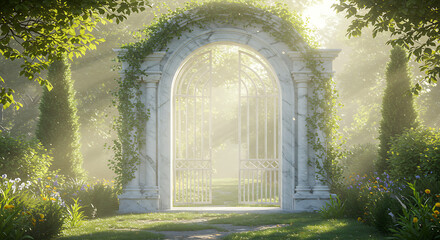 Majestic archway gate in a sunlit garden.