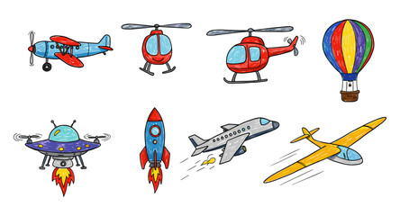 Colorful hand-drawn air and spacecraft collection featuring planes, helicopters, and rockets