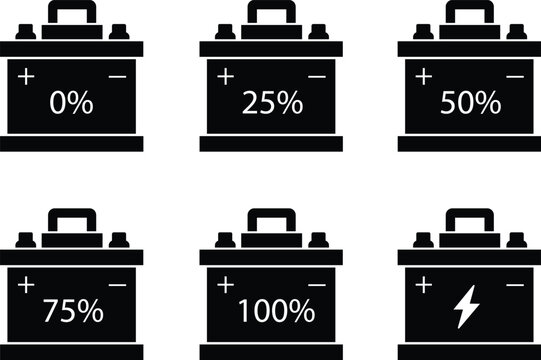 Car battery vector icons set, automotive, electric power, and energy storage collection with different charge levels, solid graphic group, editable design elements for vehicle and repair projects