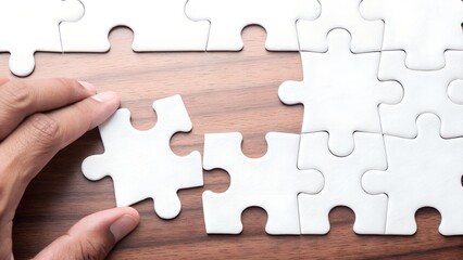 Fototapeta premium Hand Assembling White Puzzle Pieces on Wooden Table Surface