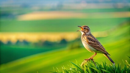 A Small Bird Singing on a Hilltop Amidst Verdant Fields at Dawn