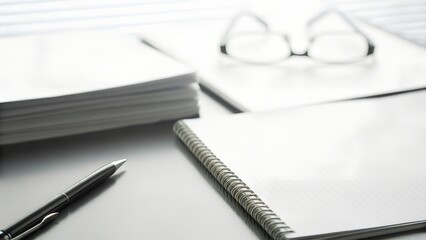 Organized Desk Setup with Open Notebook, Pen, and Eyeglasses