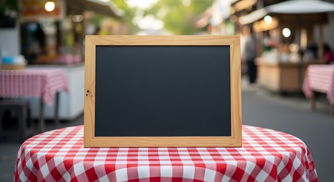 Wooden framed blackboard display on a red and white checkered tablecloth with blurred market stalls background. - Powered by Adobe