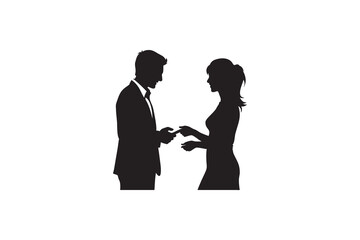 Business Card Exchange Between Man and Woman in Elegant Silhouette Style on White Background for Professional Networking and Introductions silhouette