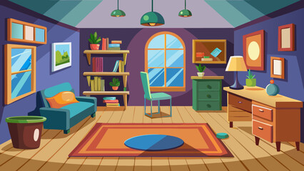 Cozy cartoon living room with desk sofa bookshelf and arched window