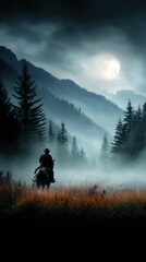 Horseman rides through misty valley under moody skies at twilight in the mountains