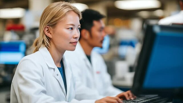 Lab technicians in white coats compounding medications using automated dispensers and laser-assisted pill counters
