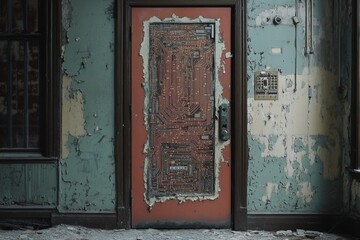 Dilapidated room with circuit board door in abandoned building