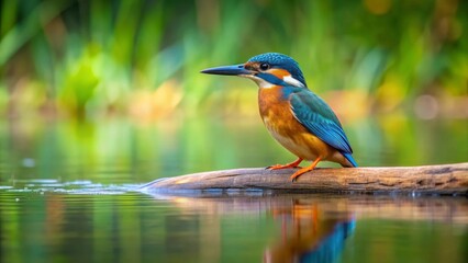 Vibrant Kingfisher Perched on a Log Over Still Water, a Stunning Display of Nature's Beauty